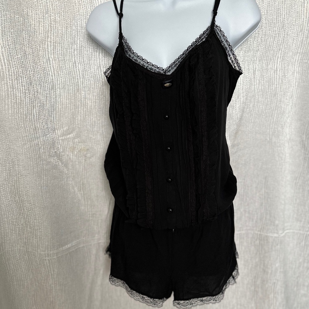 Flying Tomato, black spaghetti strap romper with lace, size L